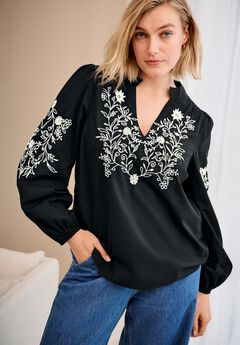 Notch V-Neck Contrast Embroidery Blouse