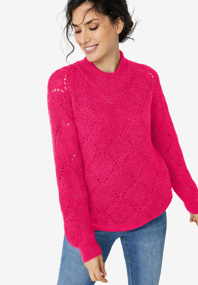 Pointelle Mockneck Pullover, PINK RASPBERRY, hi-res image number null