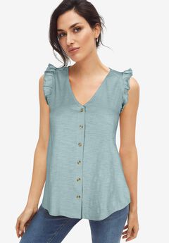 Button-Front Ruffle Sleeve Tank