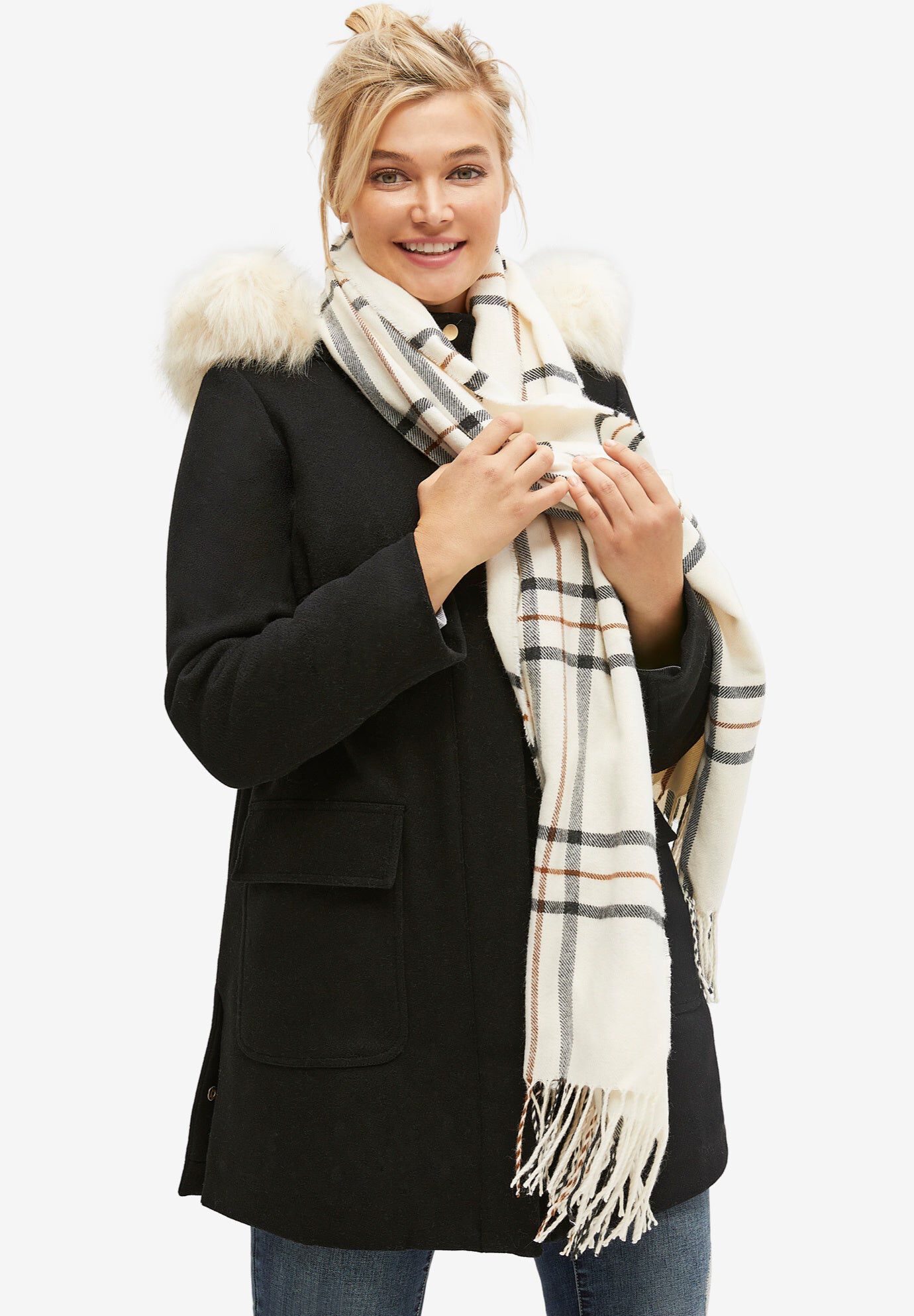 Fringe Trim Scarf, IVORY PLAID, hi-res image number 0