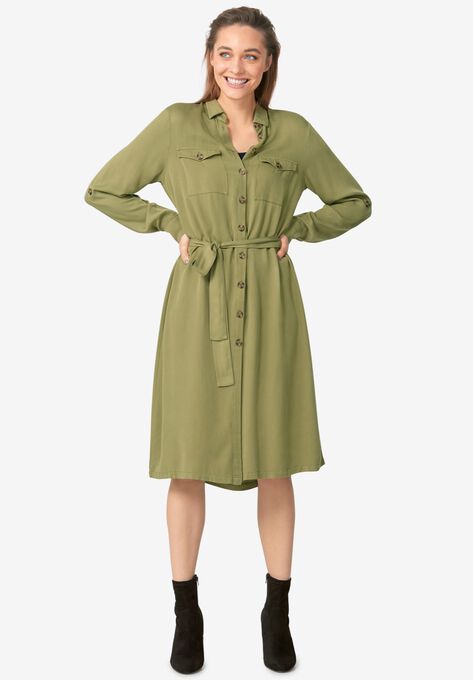 Button-Front Soft Shirtdress, GREEN FERN, hi-res image number null
