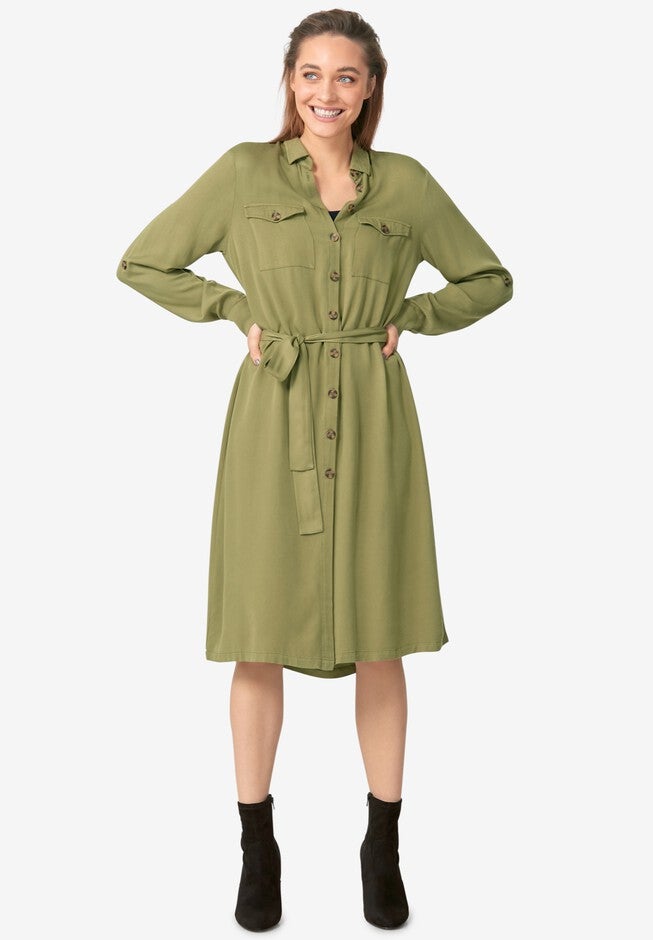 Button-Front Soft Shirtdress, GREEN FERN, hi-res image number 0