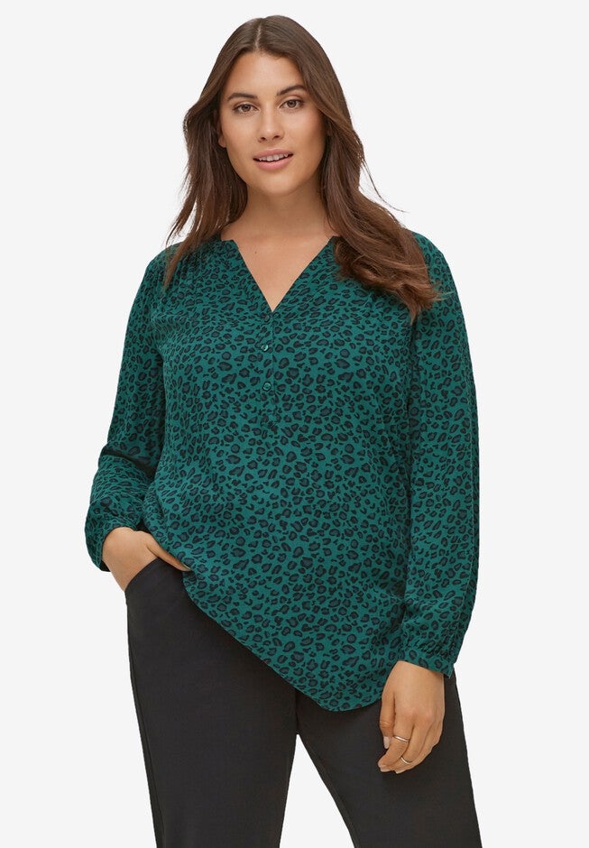 Notch Neck Henley Tunic, EVERGREEN ANIMAL PRINT, hi-res image number 0