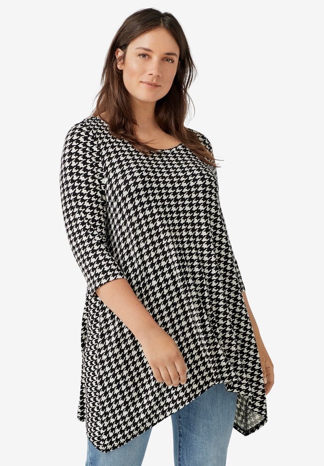 Printed Point-Hem Tunic, BLACK WHITE HOUNDSTOOTH, hi-res image number 0