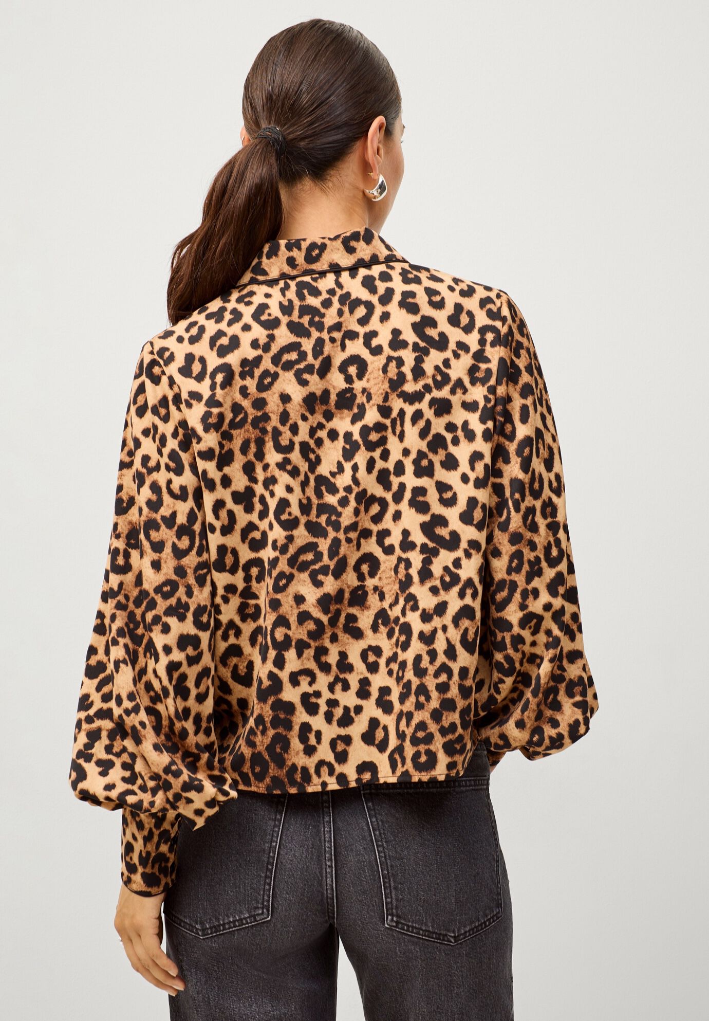 Cropped Oversized Blouson Sleeve Button Front Blouse, LEOPARD PRINT, on-hover image number 1