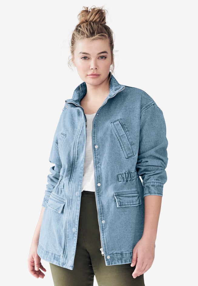 Denim Jacket With Elastic Waist, LIGHT STONEWASH, hi-res image number 0
