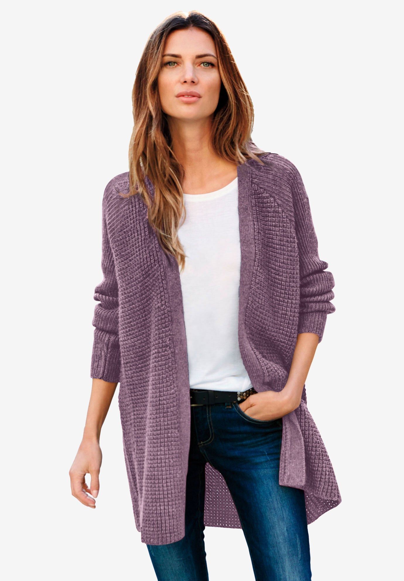 Open Front Waffle Cardigan