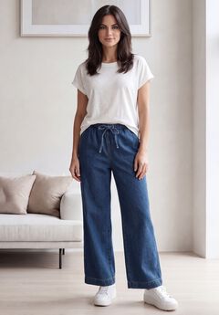 Elastic Waist With Drawstring Wide Leg Jeans