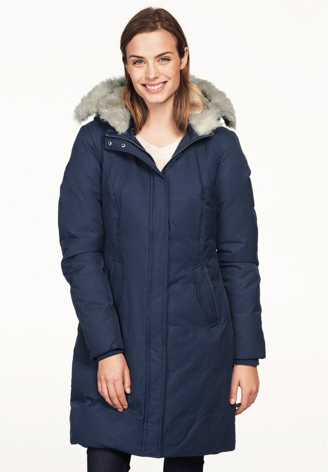 Long Hidden Snap Front Coat with Faux Fur Hood by ellos®, NAVY, hi-res image number null