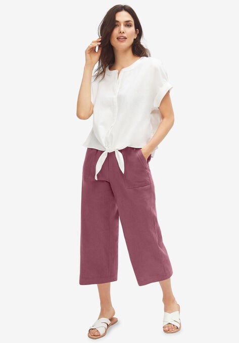 Linen Blend Drawstring Capris, VINTAGE PLUM, hi-res image number null