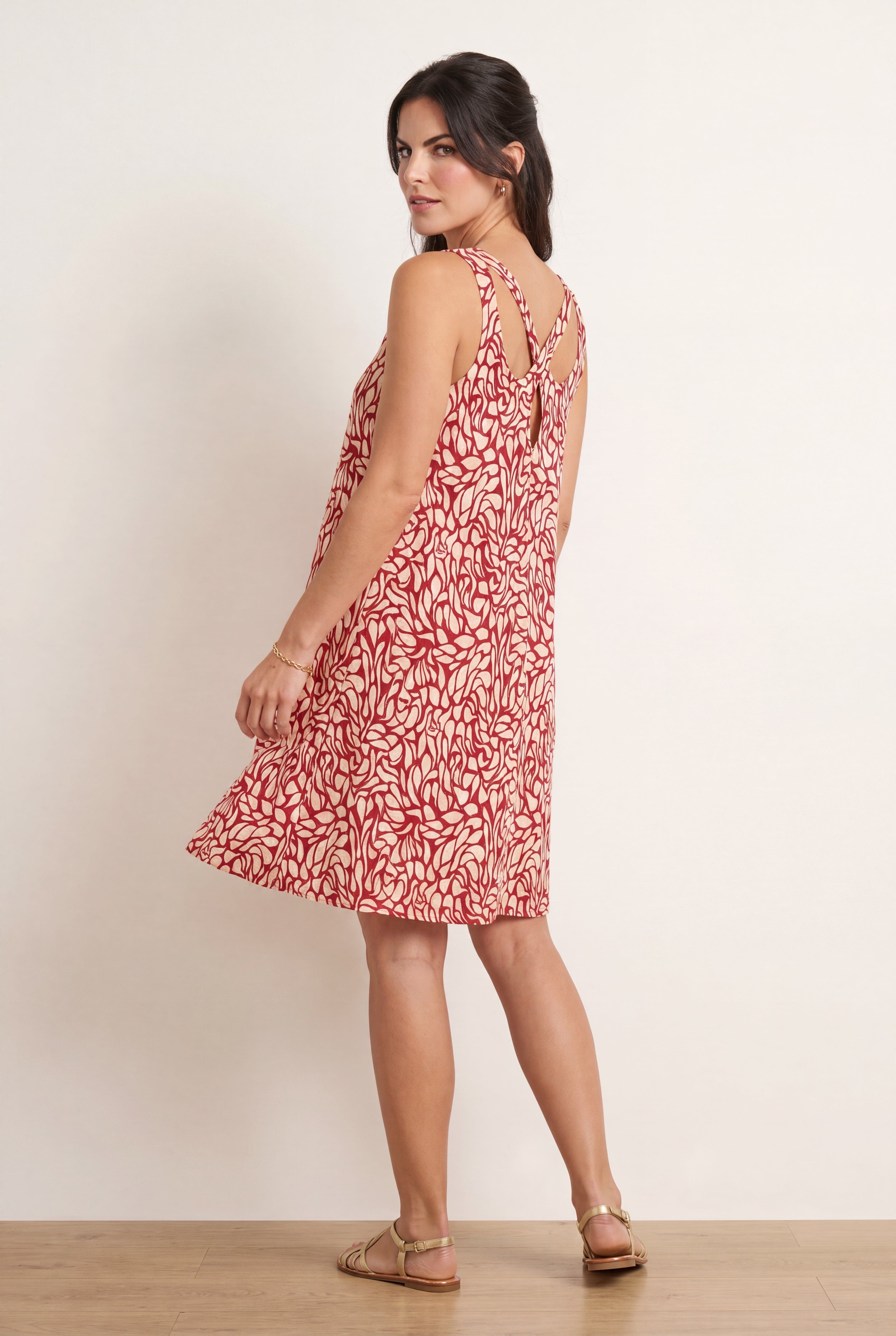 Stretch Jersey Knit A-Line Crossover Back Tank Short Dress, RUBY RED PRINT, hi-res image number 0