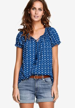 A-Line Scoop Neck Ruffle Trim 100% Cotton Cambric Peasant Blouse