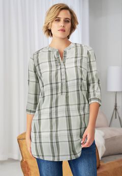 Three-Quarter Sleeve Roll Tab Relaxed Fit 100% Cotton Henley Tunic