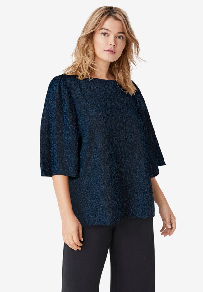 Glitter Knit Flutter Sleeve Tee, BLACK COBALT, hi-res image number null