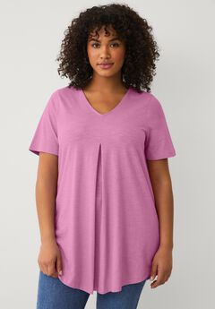 V-Neck Inverted Pleat Tunic with Curved Hem