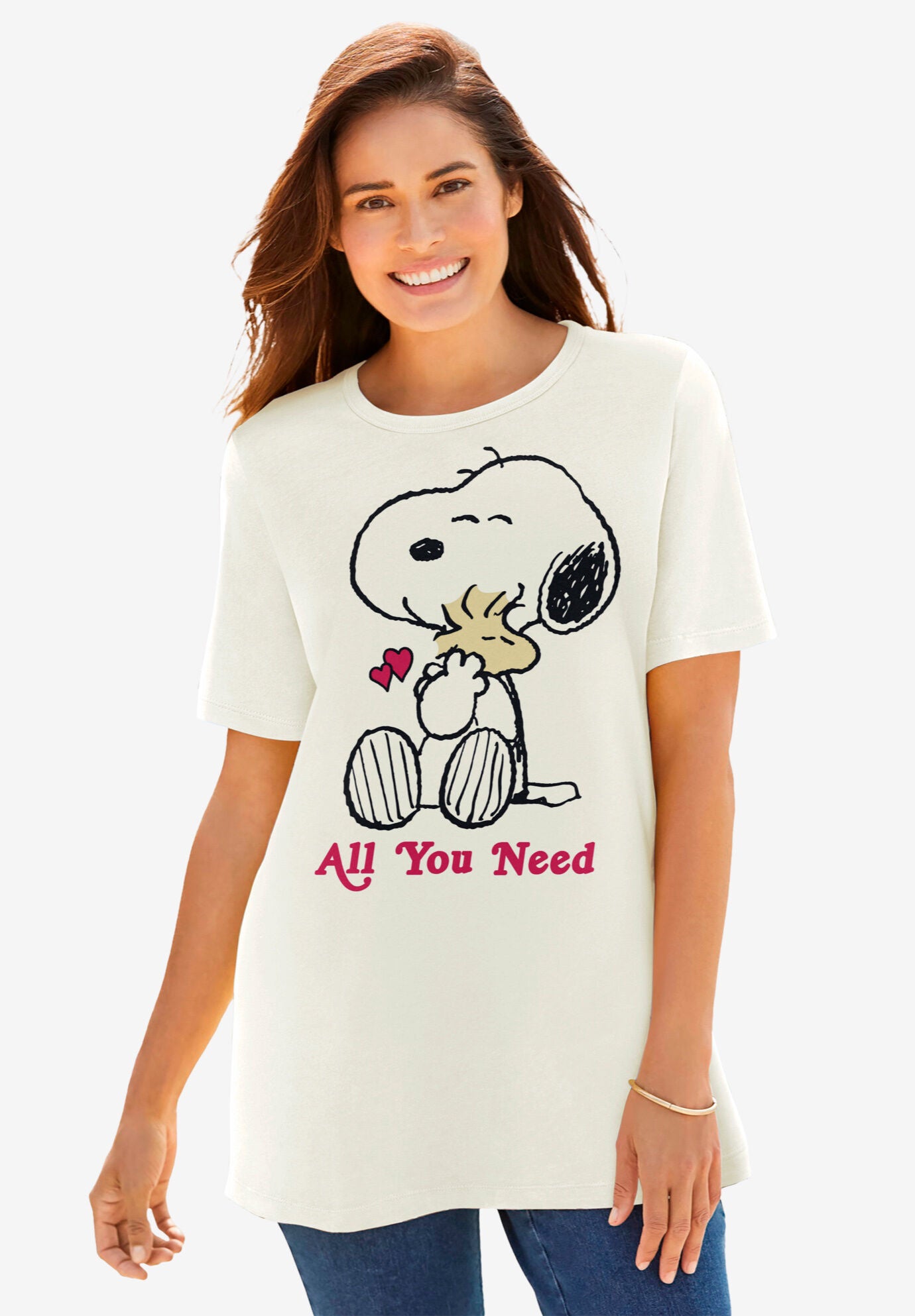 Peanuts Women’s Short Sleeve Valentine’s Day Snoopy Hug, OFF WHITE SNOOPY LOVE, hi-res image number 0