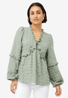 Ruffle Trim V-Neck Babydoll Blouse