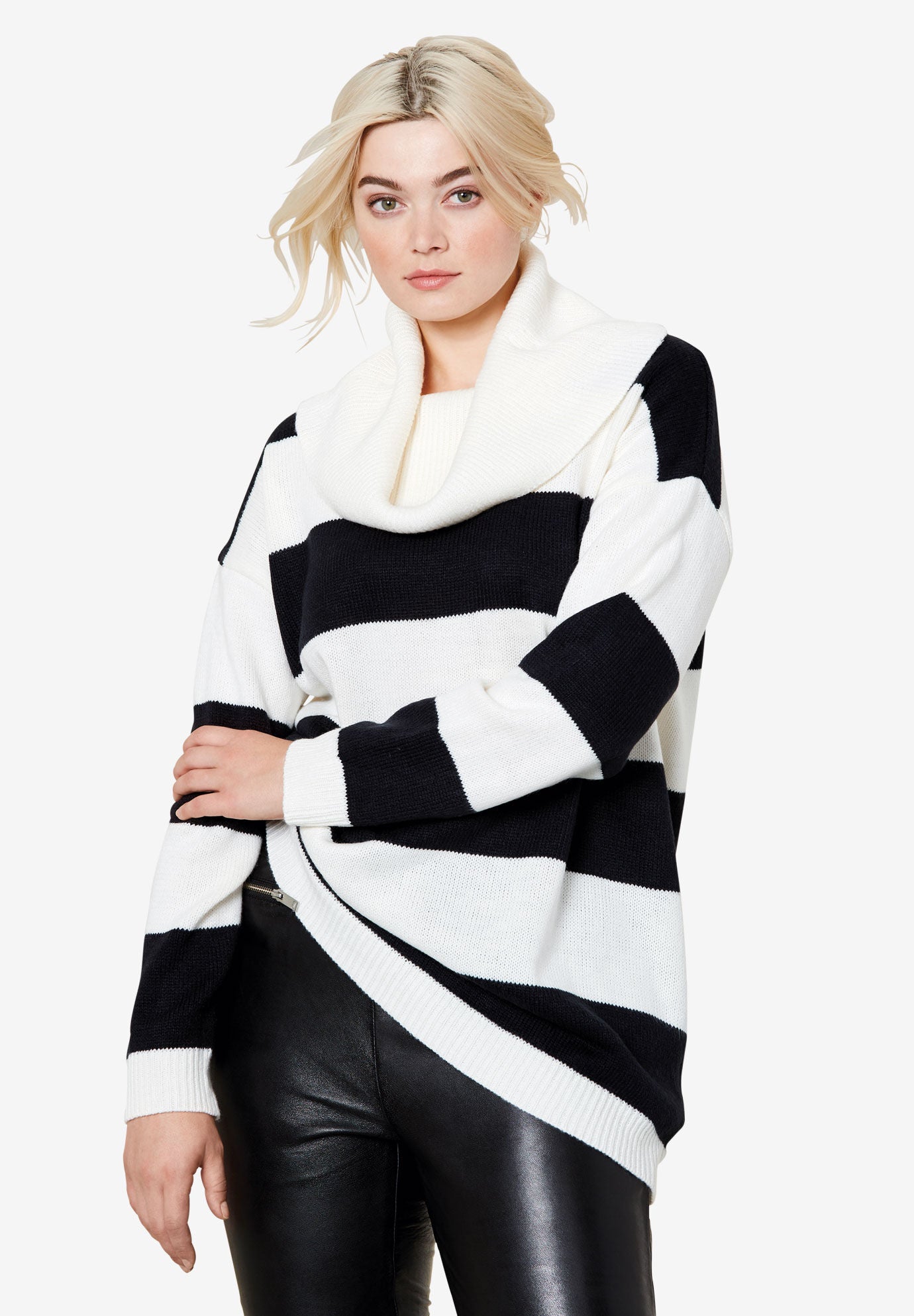 Cowl Neck Sweater by ellos&reg;, BLACK STRIPE, hi-res image number 0