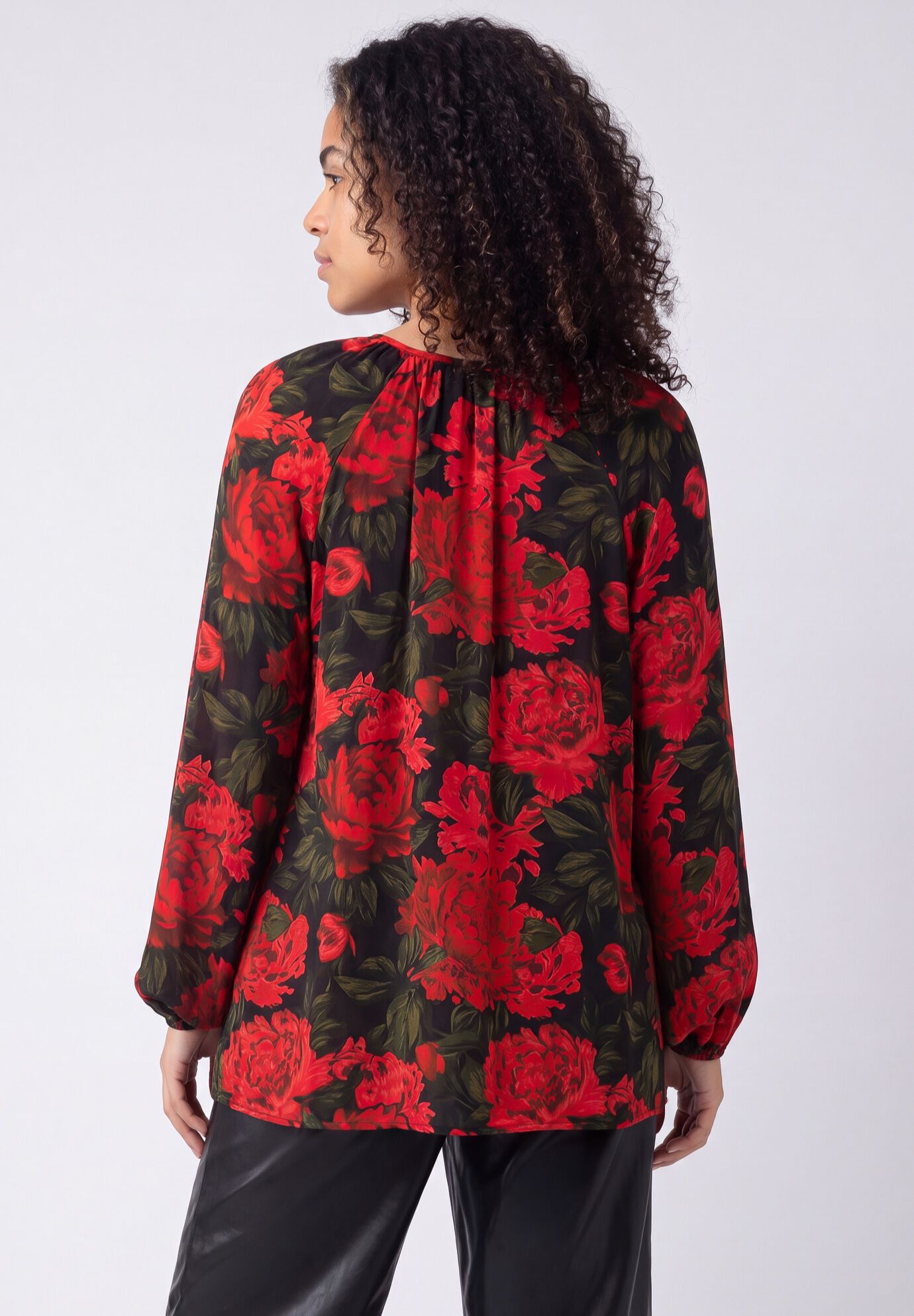 A-Line Long Sleeve Peasant Tunic with Tie-Neck Keyhole Neckline, BLACK CLASSIC RED FLORAL, on-hover image number 1