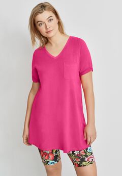 Stretch Knit V-neck Short Sleeve Chest Pocket Tunic