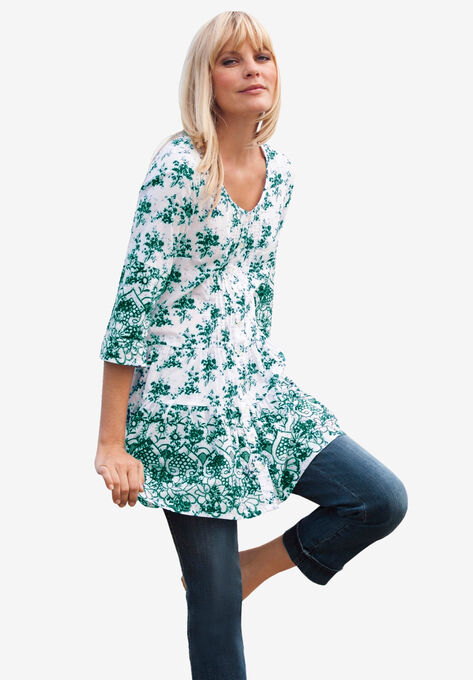 Tiered Floral 3/4 Sleeve Tunic, WHITE FOREST JADE PRINT, hi-res image number null