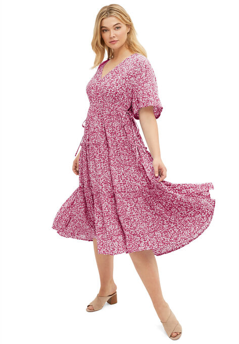 Tiered Midi Dress With Surplice Neckline, BERRY RED DITSY FLORAL, hi-res image number null