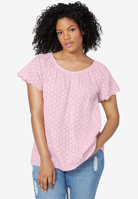 Ballet Neck Eyelet Blouse, ANTIQUE PINK, hi-res image number null