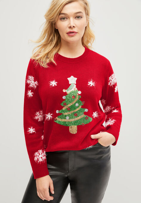 Embellished Holiday Pullover Sweater, CLASSIC RED, hi-res image number null