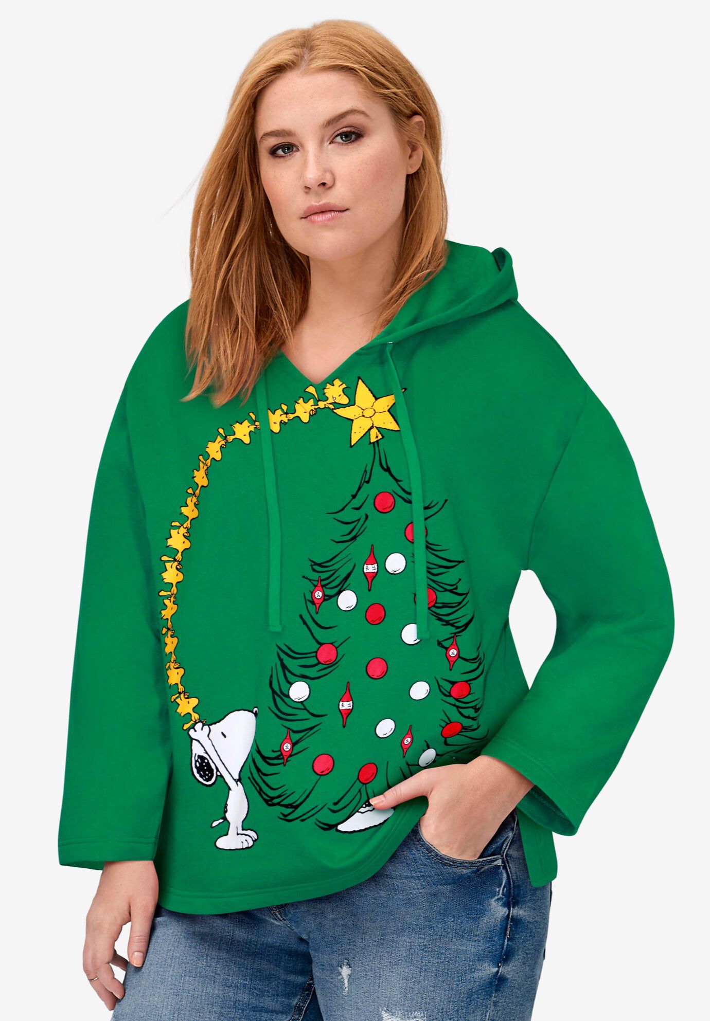 Peanuts Snoopy Christmas Hooded Sweatshirt, GREEN SNOOPY TREE, hi-res image number 0