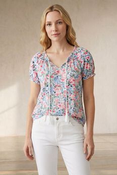 A-Line Scoop Neck Ruffle Trim 100% Cotton Cambric Peasant Blouse