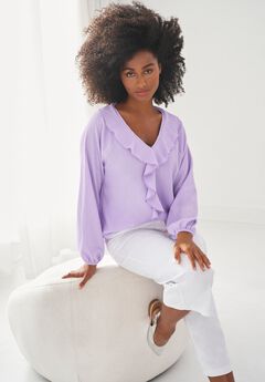 Stretch Textured Knit V-neck Ruffle Front Top