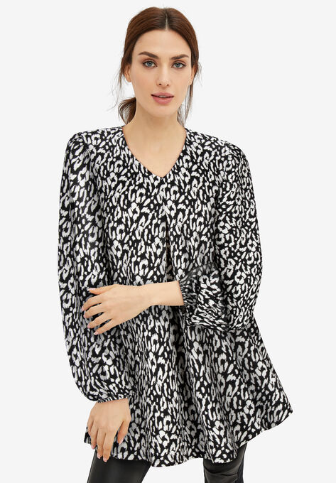 Inverted Pleat Textured Knit Tunic With Blouson Sleeves, BLACK IVORY PRINT, hi-res image number null