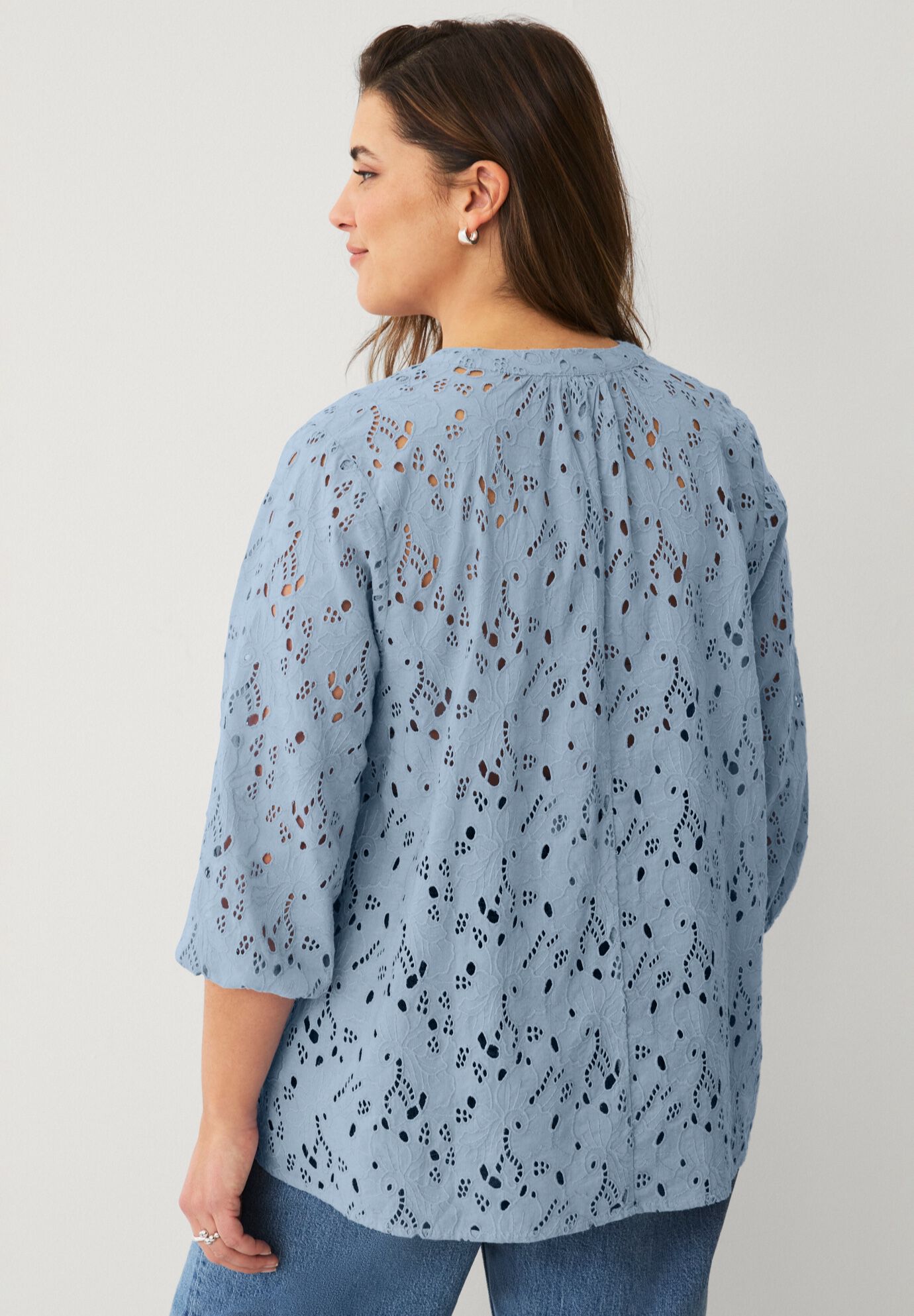 Eyelet Blouse With Notch V-neck & Blouson Sleeves, BLUE LAKE, on-hover image number 1
