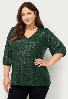V-Neck Sequin Top With Blouson Sleeves