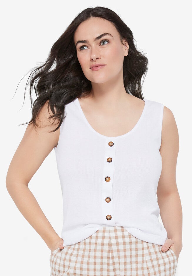 Ribbed Tank With Tortoise Button Trim, WHITE, hi-res image number null