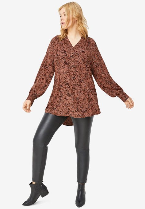 3-Button Y-Neck Tunic, WARM BROWN BLACK PRINT, hi-res image number null