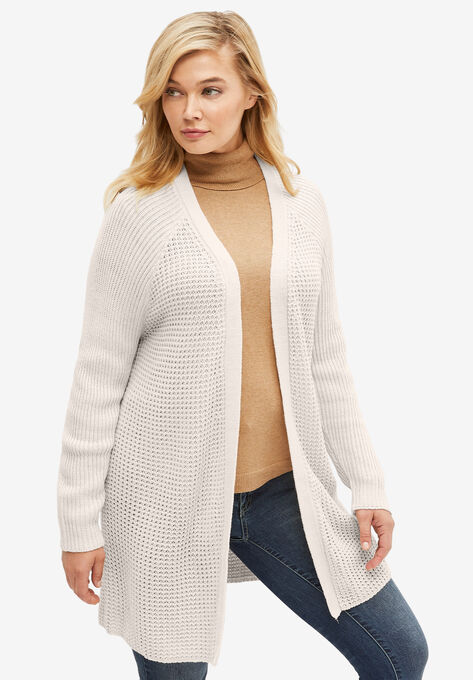 Open Front Waffle Cardigan, STONE, hi-res image number null