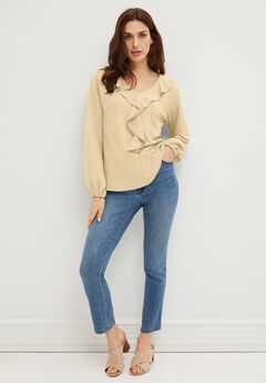 Stretch Textured Knit V-neck Ruffle Front Top