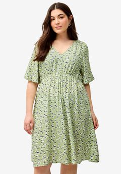 V-Neck Empire Dress with Button Trim