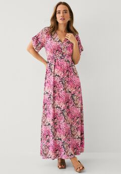 Stretch Knit Fit And Flare Elbow-Length Sleeve Tie-Back Maxi Dress