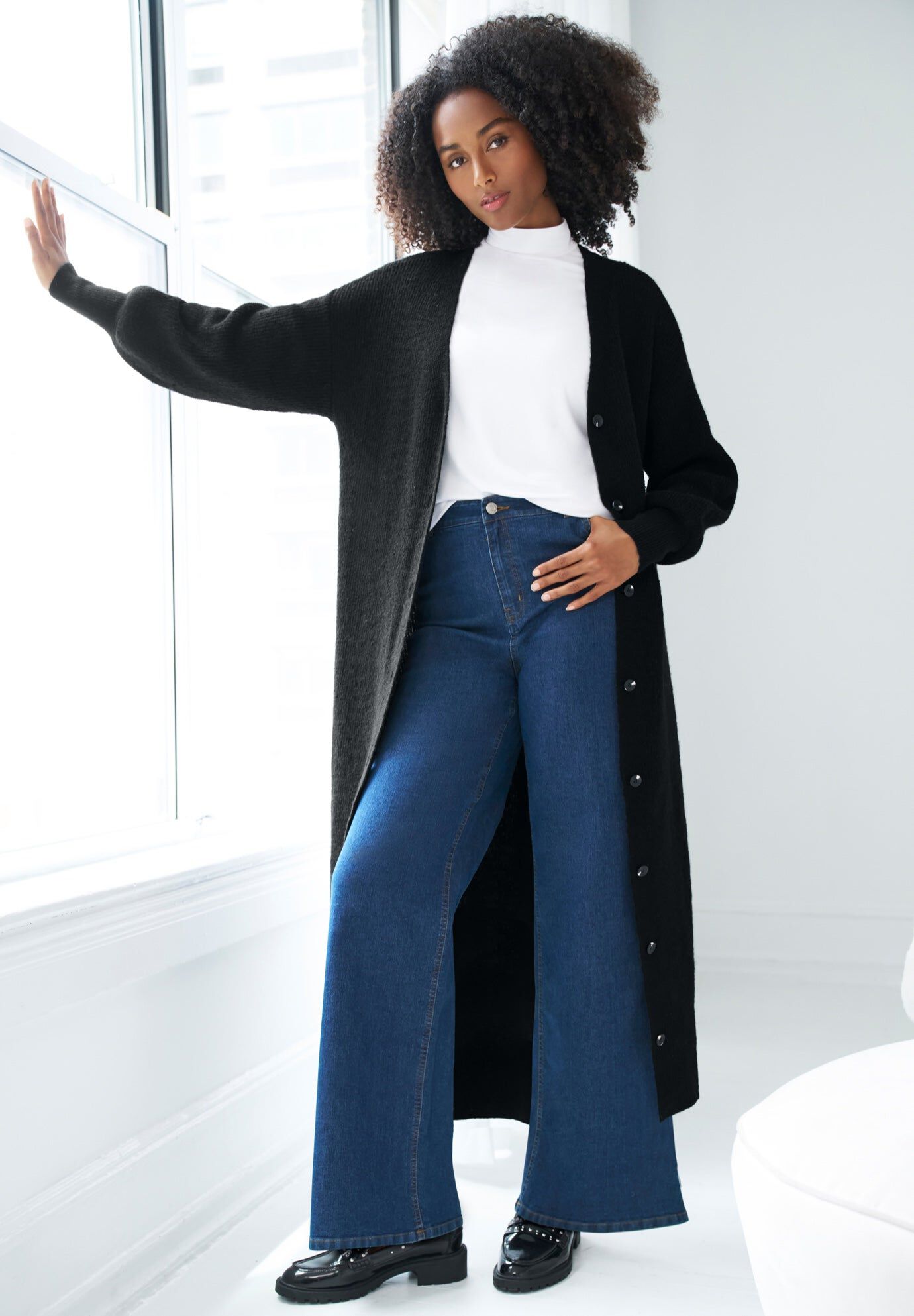 Button Front Duster Cardigan, BLACK, hi-res image number 0