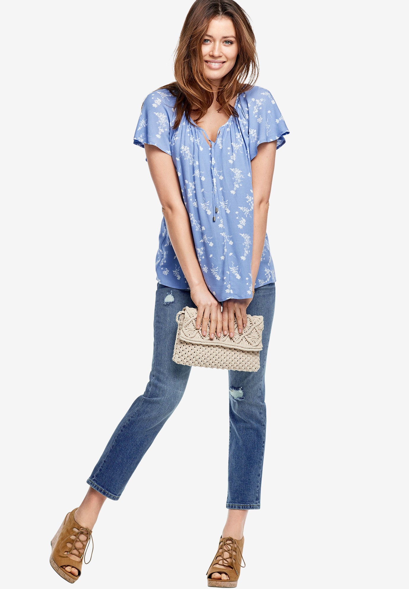 Vada Floral Pompom Trim Flutter Sleeve Blouse