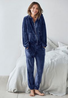 Stretch Velour Zip Front Long Sleeve Jacket With Hood