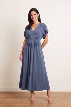 Stretch Knit Fit And Flare Elbow-Length Sleeve Tie-Back Maxi Dress