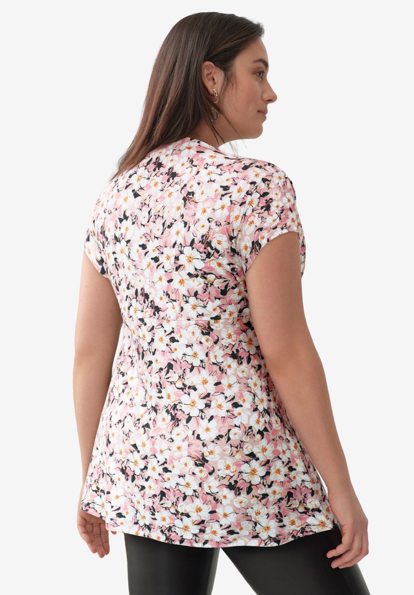 V-Neck Tunic With Gathered Bodice, PALE BLUSH BLACK FLORAL, on-hover image number 1