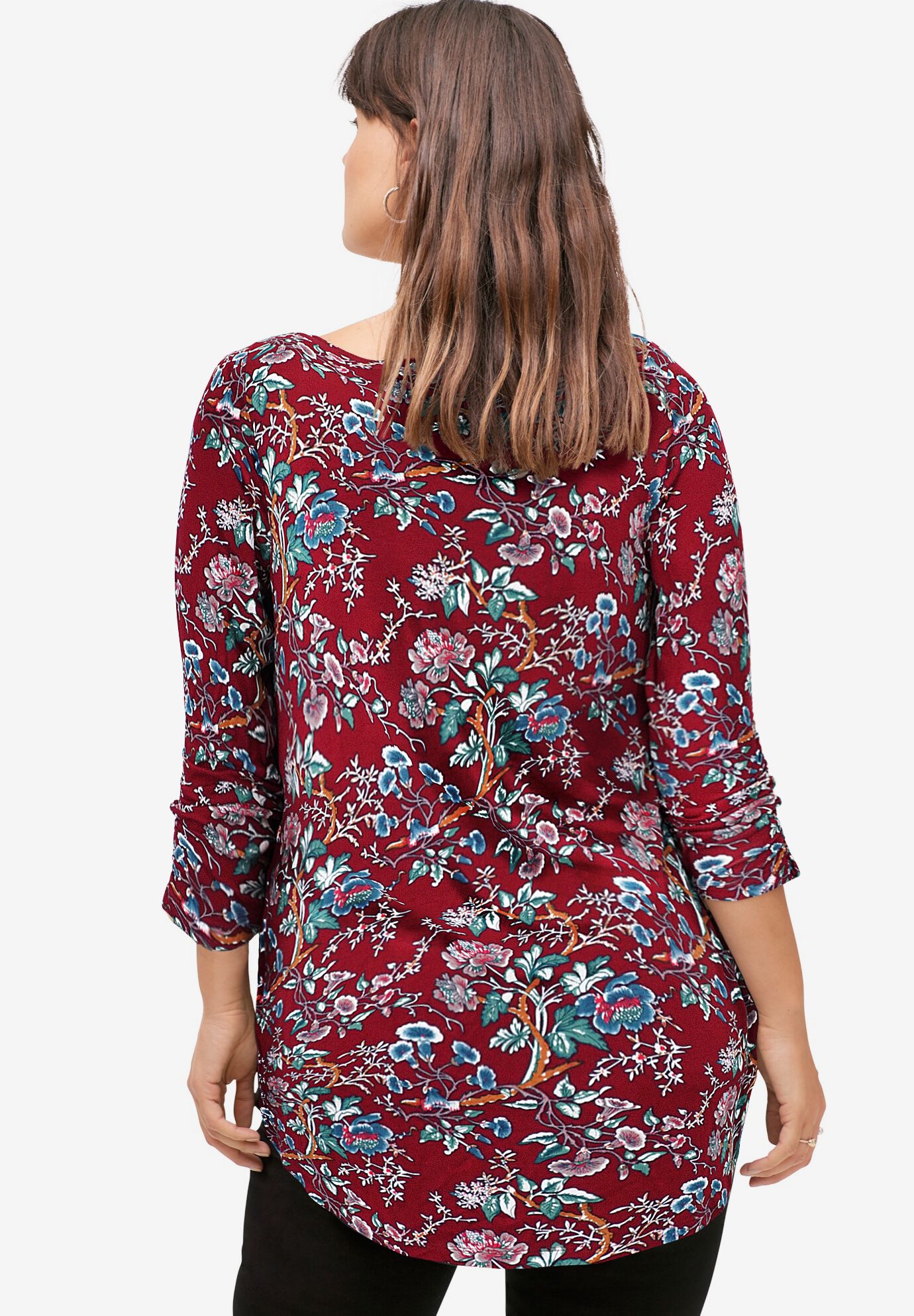 Inverted Front Pleat Tunic, MAROON RED FLORAL, on-hover image number 1