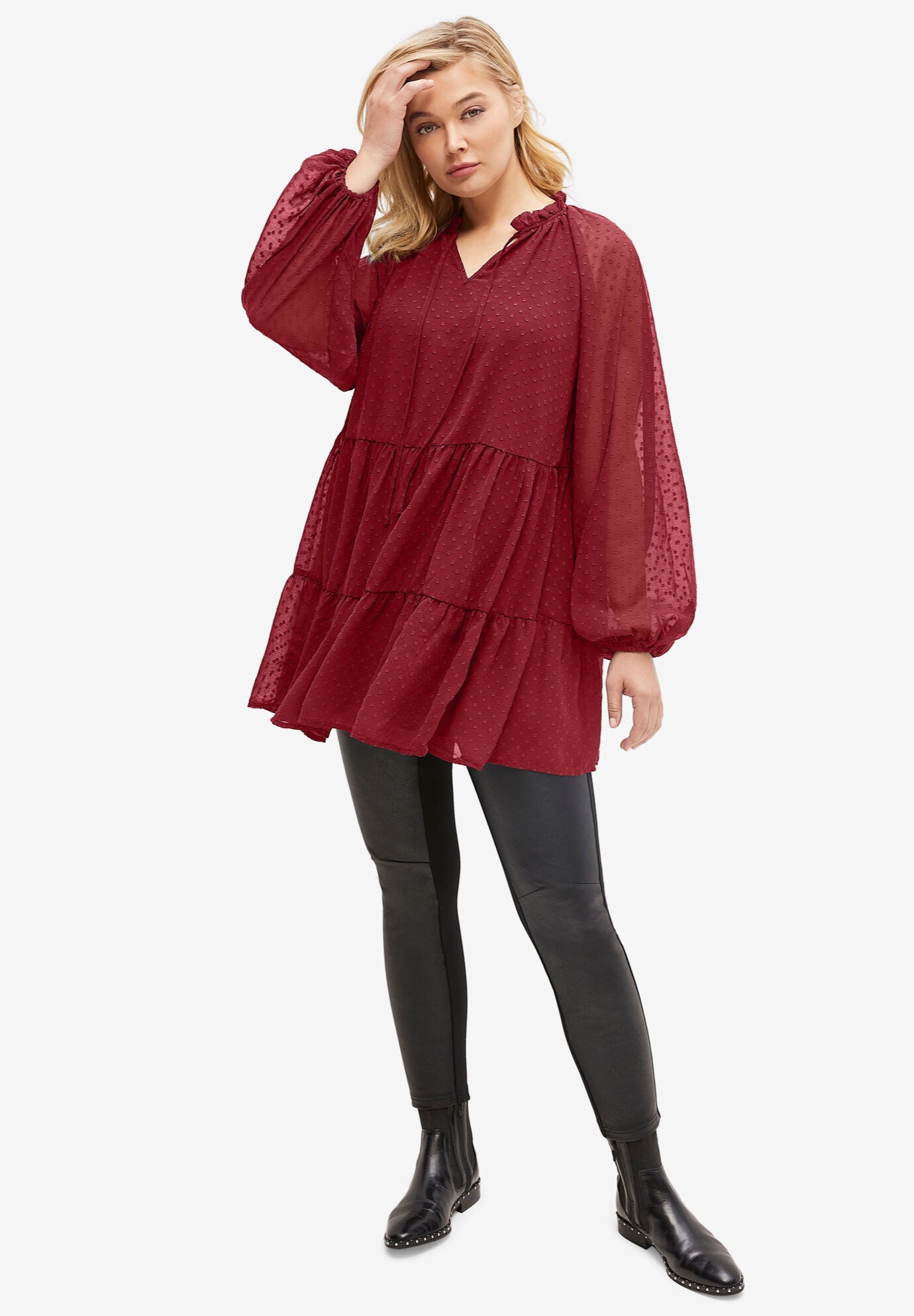 Swiss Dot Tiered Tunic, BURGUNDY, hi-res image number 0