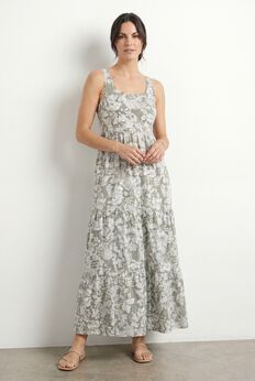 Stretch Knit Scoop Neck Sleeveless Tiered Maxi Dress