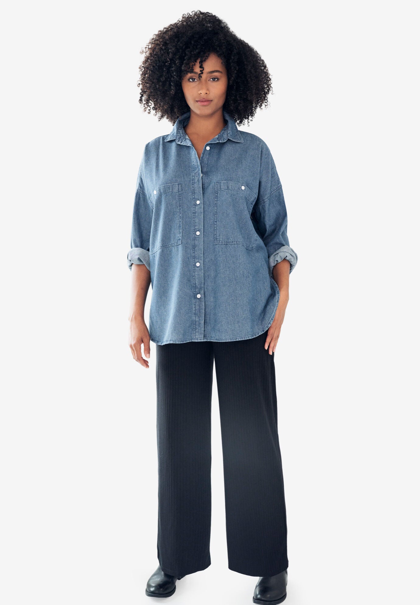 100% Cotton Denim Oversized Button-Front Collared Shirt, , alternate image number 3