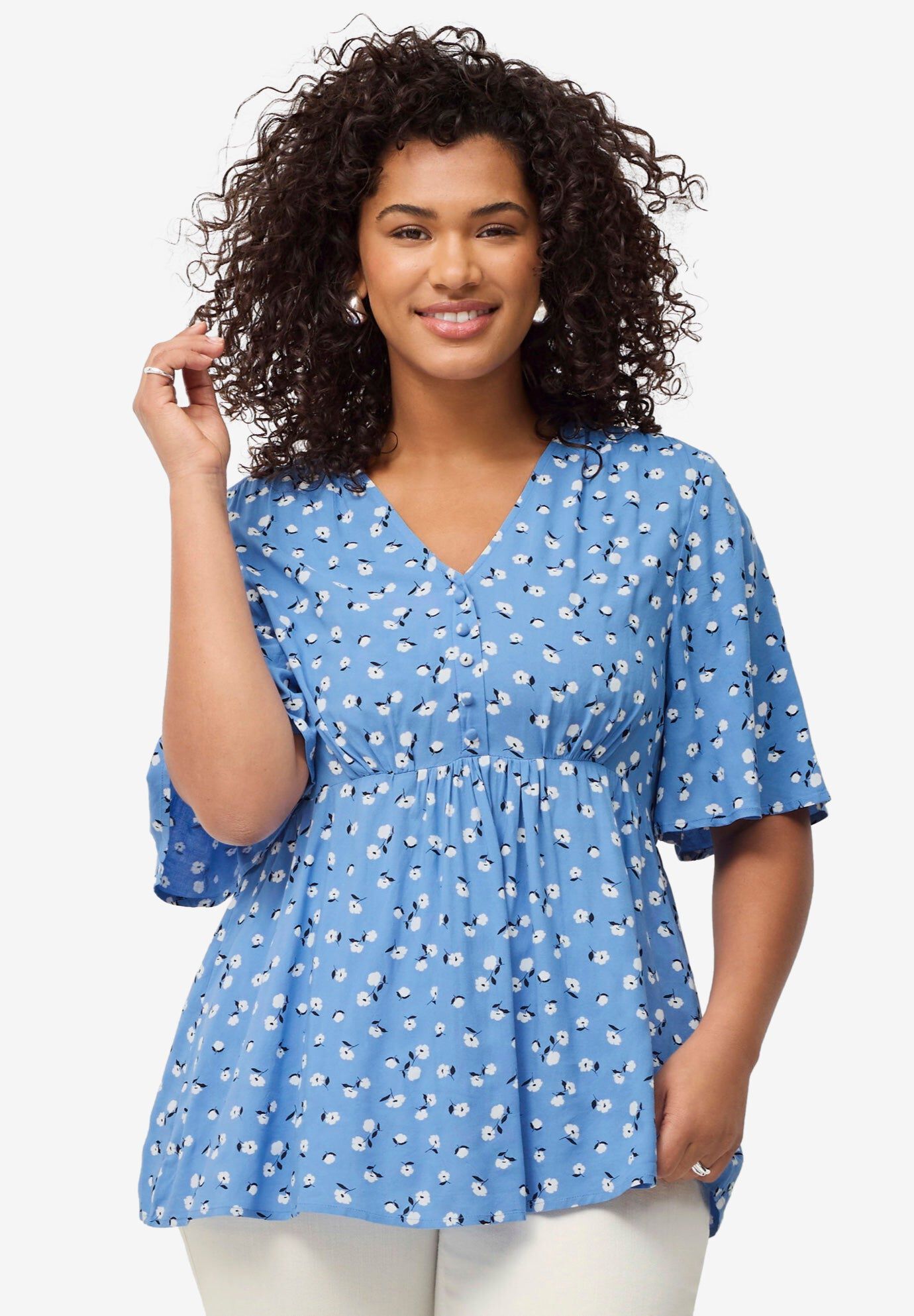 V-Neck Empire Tunic with Button Trim Placket, DREAM BLUE DITSY FLORAL, hi-res image number 0